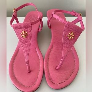 Pink Tory Burch Leather Strap Cork Wedge Sandals